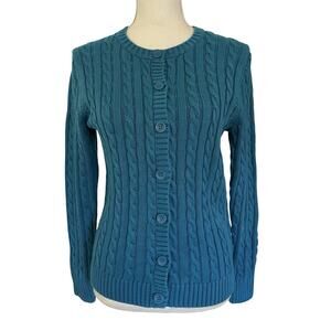 LL Bean Womens Cotton Cable Knit Crew Neck Cardigan Size M Blue Classic Heritage
